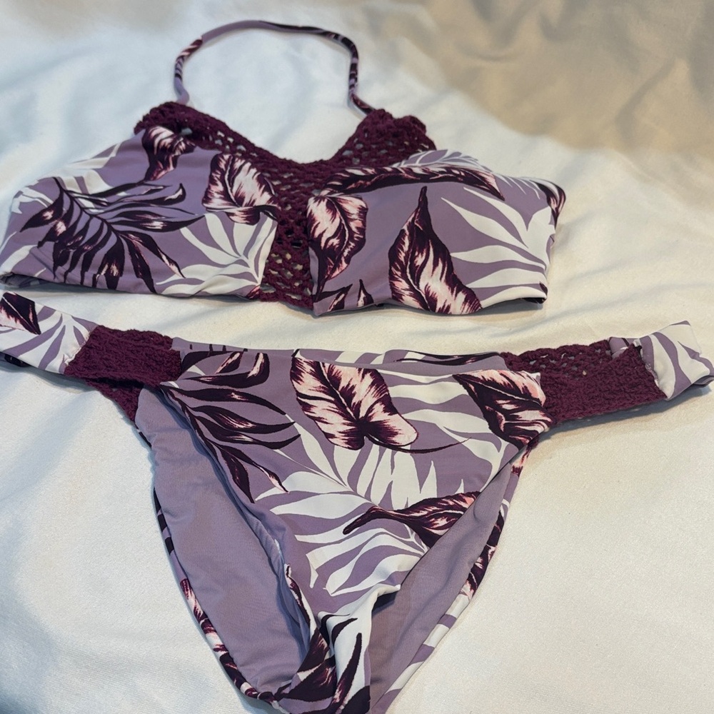 Purple Leaf Print Bikini Set